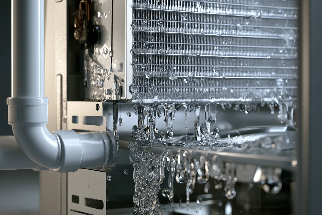 Air conditioner evaporator coil removing humidity: an open indoor air handler where water condenses on the cold coil and drips toward the drain pan, with the white PVC condensate line leaving the cabinet
