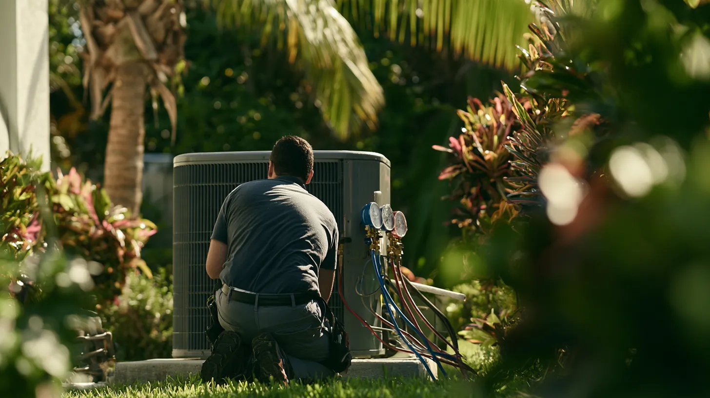 AC running but not cooling in a Boca Raton backyard: an HVAC technician kneels beside an outdoor condenser unit with refrigerant gauges attached, palm trees and tropical shrubs behind, bright South Florida afternoon sun overhead.