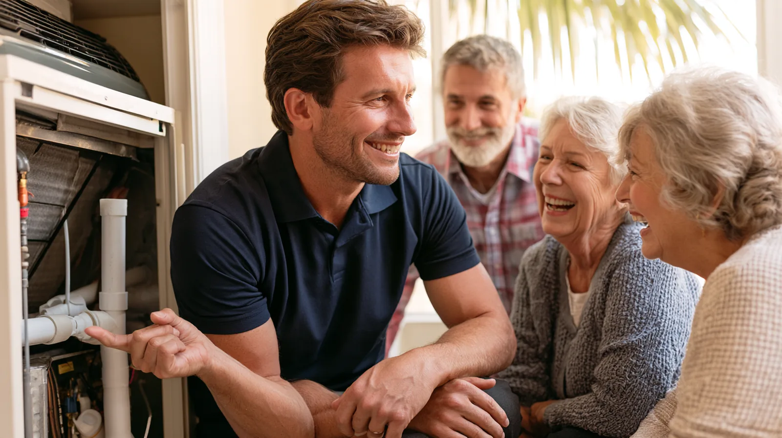 A smiling HVAC technician in a navy polo kneels beside an open air handler closet and points to a white PVC drain pipe while three smiling older homeowners look on.