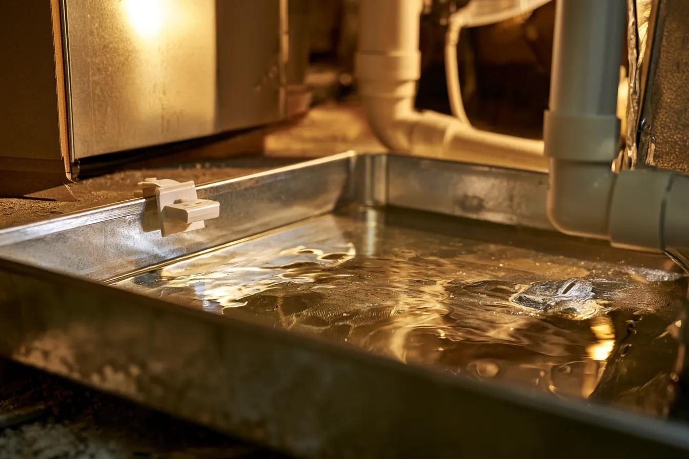 Clogged AC condensate drain pan under an indoor air handler, holding standing water around a float safety switch, with the white PVC drain line exiting the pan, the kind of clog that shuts an AC system down.