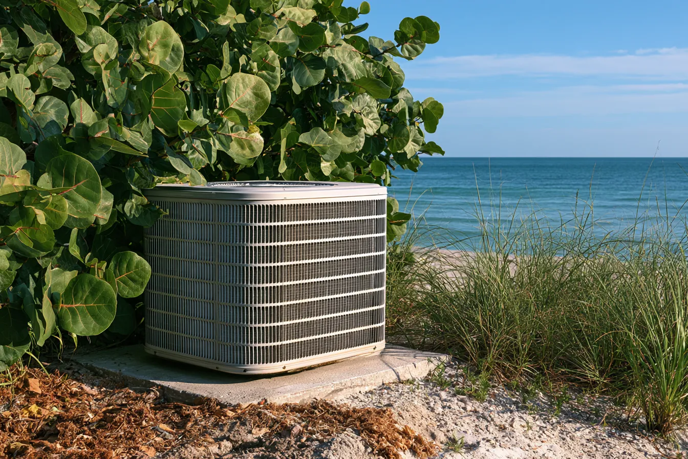 Outdoor AC condenser on a concrete pad steps from the beach in South Florida, surrounded by sea grape, dune grass and sandy soil, the kind of coastal setting where salt air reaches the coil.