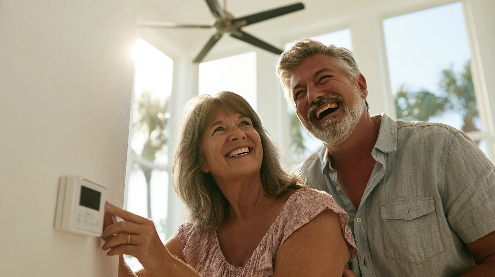 A laughing couple in their fifties stands at a white wall thermostat in a bright Florida living room, the woman pressing a button, with a ceiling fan above and palm trees through tall windows.