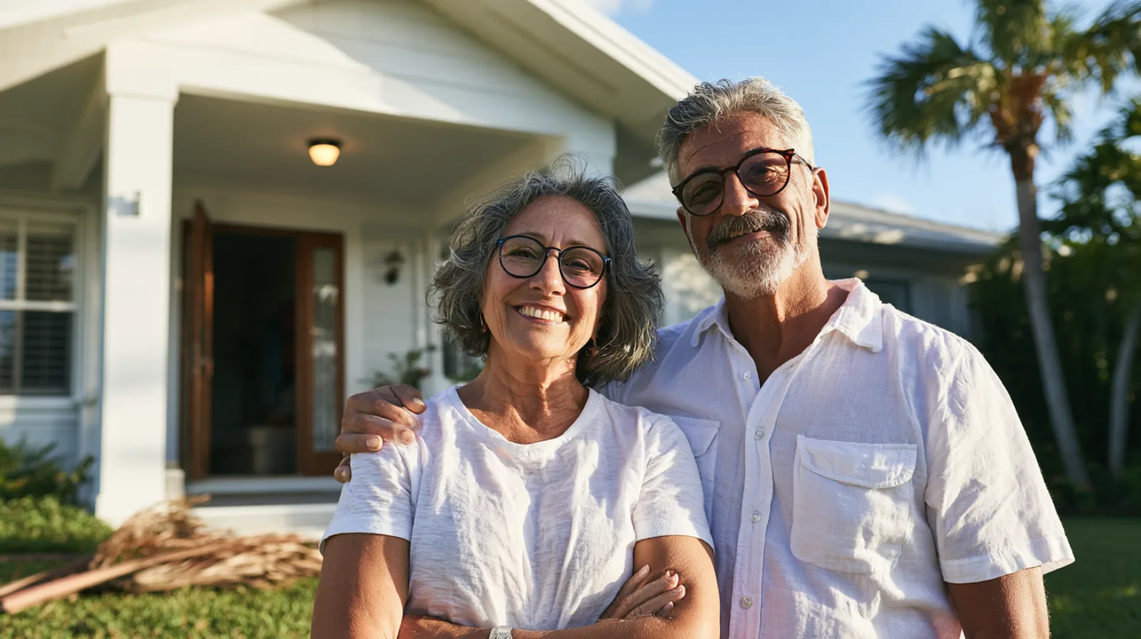 A smiling couple in their fifties stand arm in arm outside a white single-story South Florida home on a clear morning, with fallen palm fronds on the lawn and the porch light on.