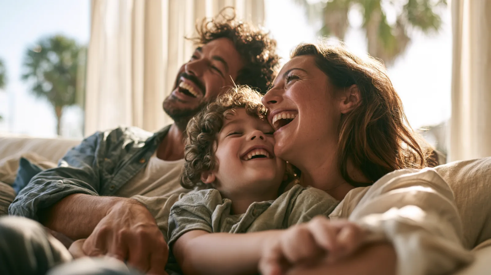 Two parents and a young child laugh together on a sofa in a bright, cool Florida living room with palm trees outside the window.