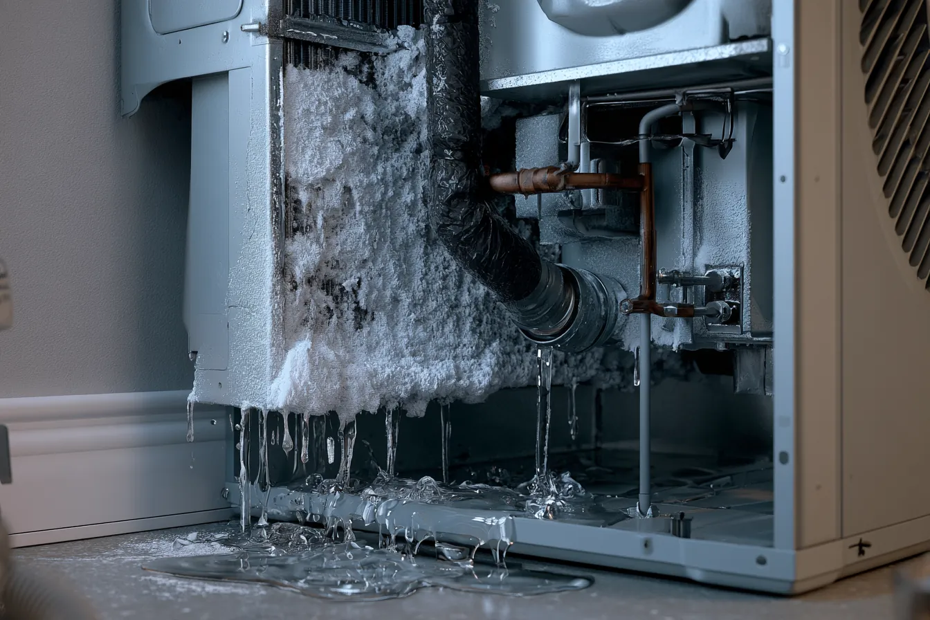 Frozen evaporator coil on a home air handler, with frost and ice coating the coil and the insulated refrigerant line and water dripping into a puddle below, a common reason an AC blows air that isn't cold.