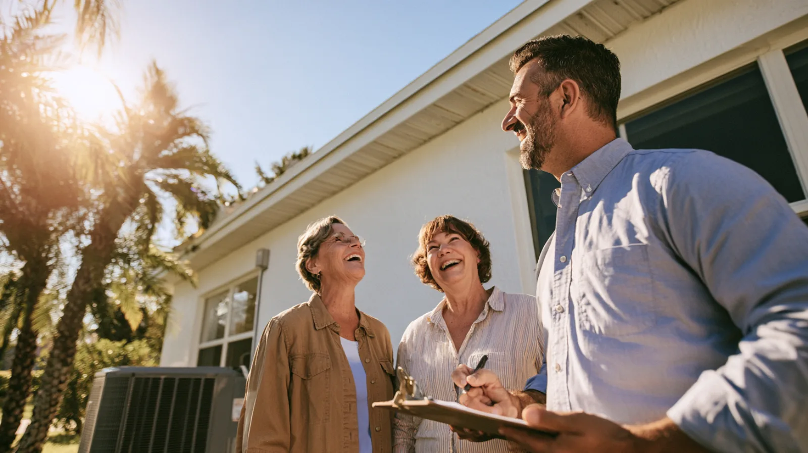 A smiling inspector in a light blue shirt holds a clipboard while two laughing homeowners stand beside the outdoor air conditioner of their white South Florida home, with palm trees behind.