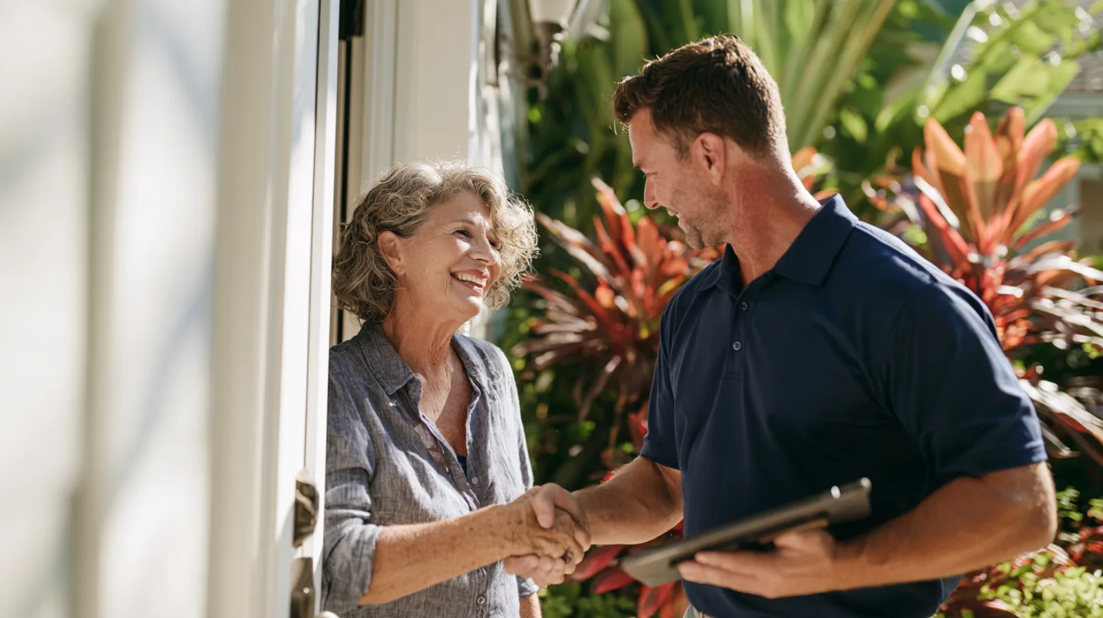 A smiling homeowner in her sixties shakes hands with a technician holding a tablet at the front door of her bright Florida home.