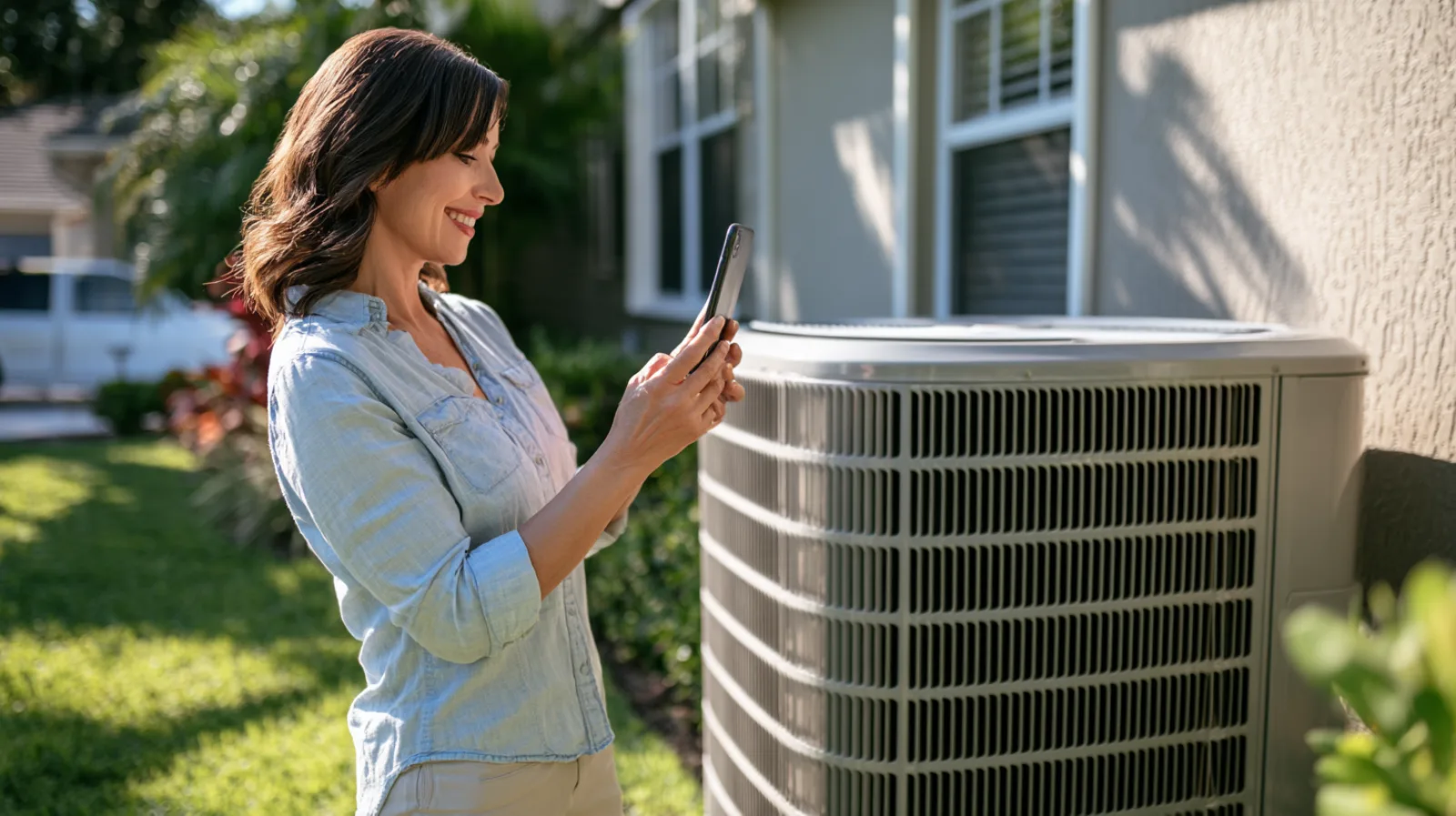 A smiling woman stands on the lawn beside her home and uses her phone to photograph the outdoor air conditioner unit.