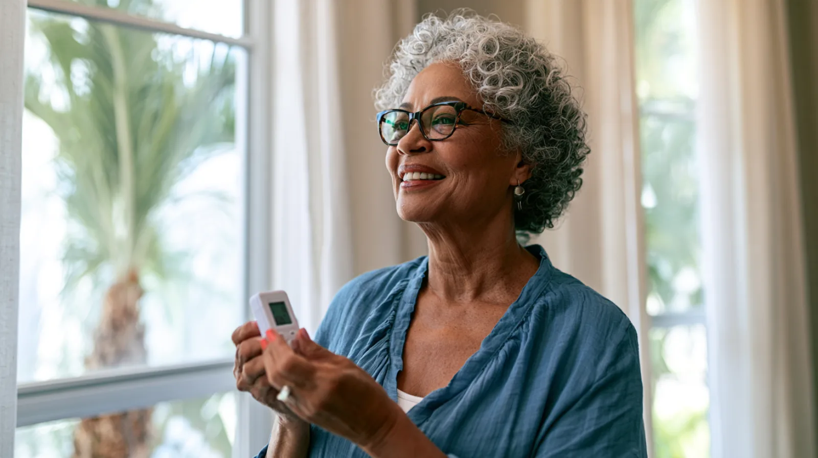 A smiling woman with gray curly hair and glasses holds a small white digital humidity gauge in a bright Florida living room, with a palm tree outside the window.