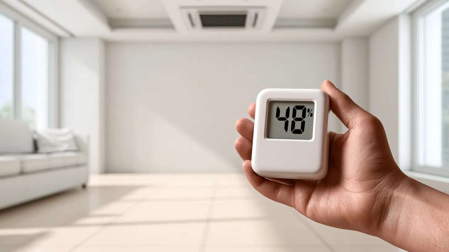 HVAC humidity control check in a Boca Raton living room: a hand holds a digital hygrometer reading 48 percent relative humidity beneath a ceiling air conditioning supply vent on a bright, sunny afternoon