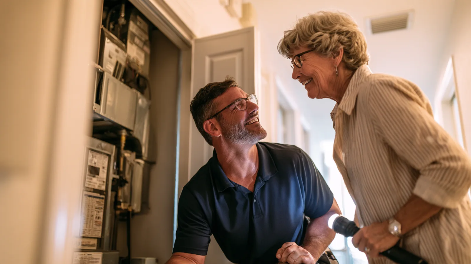 A technician in a navy polo kneels at an open air handler closet in a condo hallway, smiling up at a homeowner who is holding a flashlight.