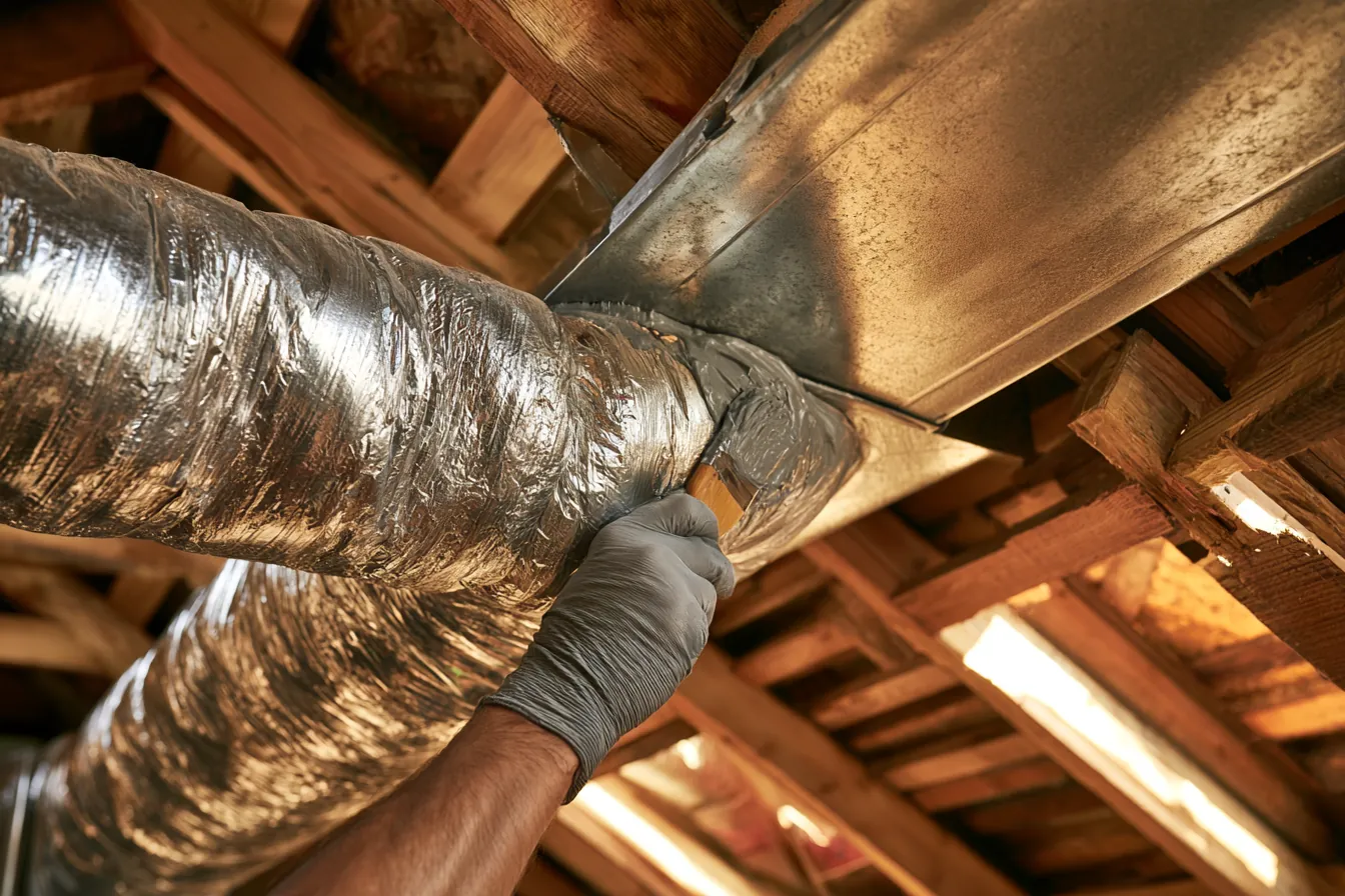 Leaky supply duct in a hot South Florida attic: an insulated flexible duct joined to a metal supply fitting, with a gloved hand brushing gray mastic sealant onto the joint to stop air loss