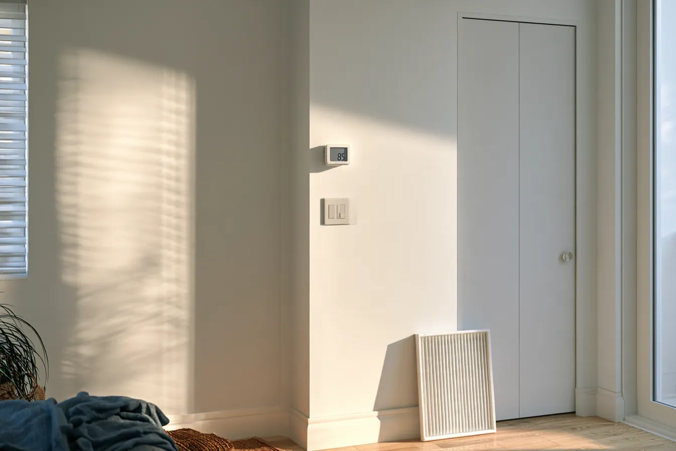 Seasonal home humidity control in a closed-up South Florida condo: blinds drawn, a wall thermostat by the door and a fresh pleated air filter leaning beside the air handler closet before the owners leave