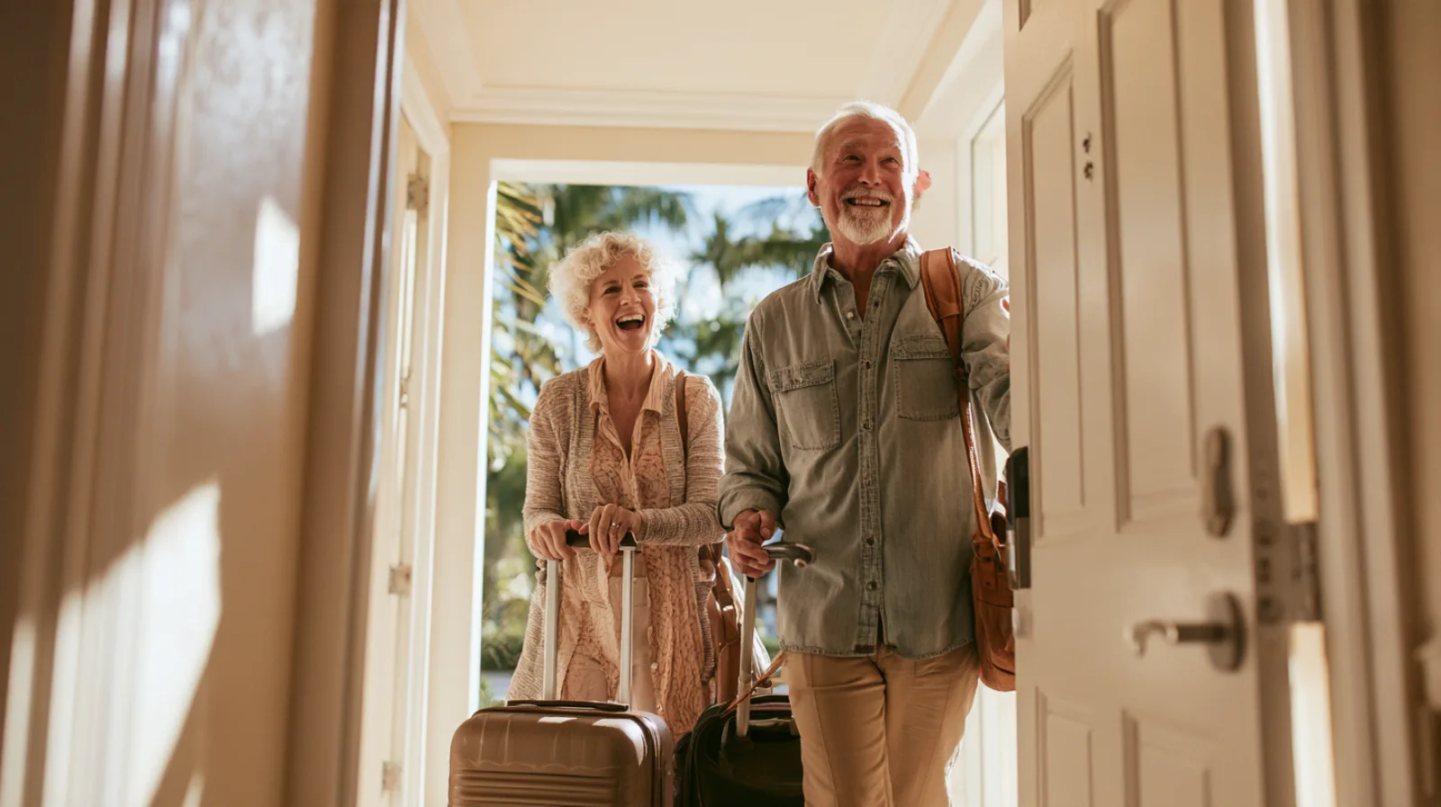 A smiling couple in their sixties walk through the front door of a bright South Florida home pulling suitcases, with palm trees in the sunlight behind them.