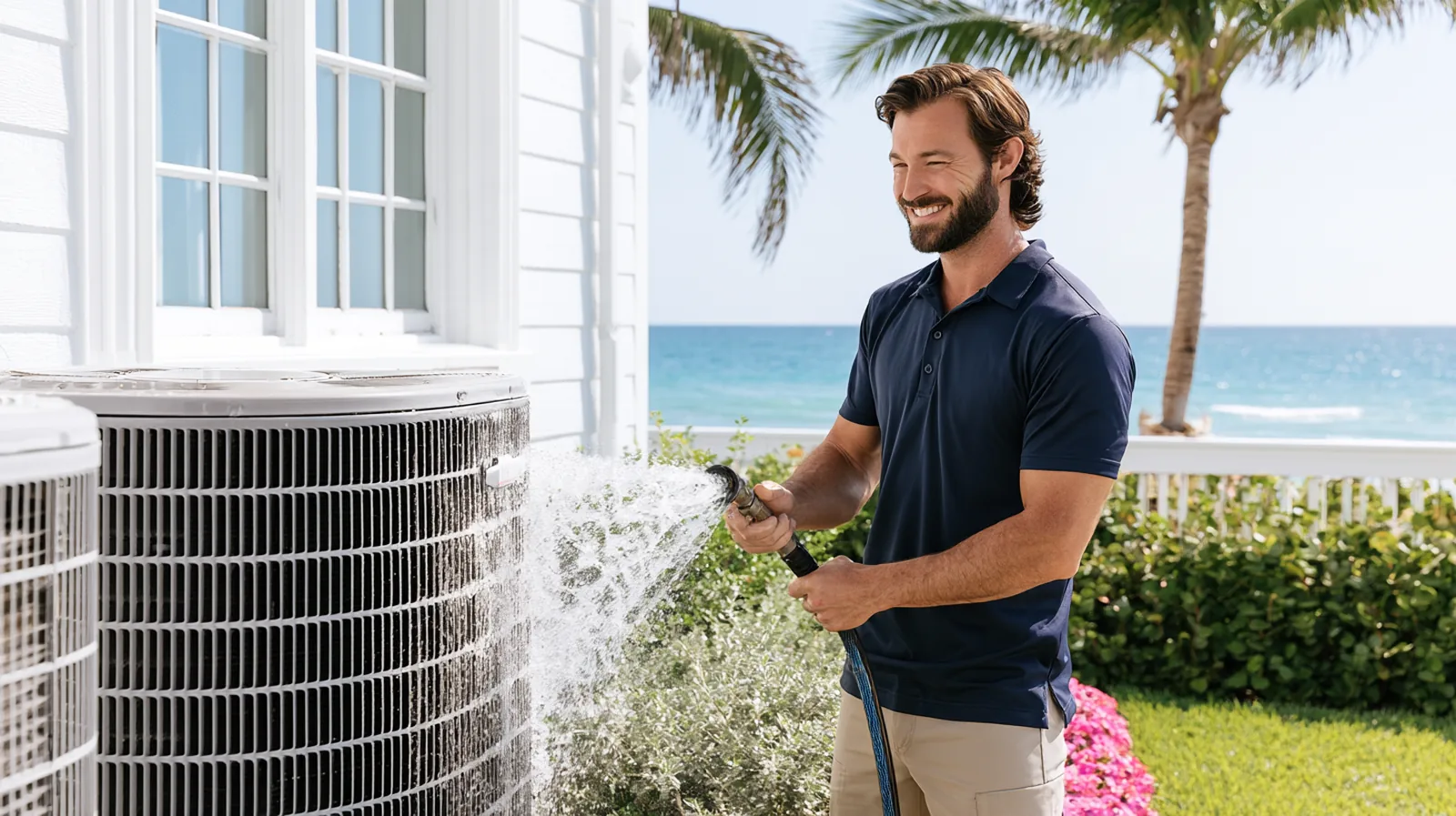A smiling technician in a navy polo rinses the fins of an outdoor air conditioner with a garden hose beside a white Florida home, with the ocean and palm trees behind him.