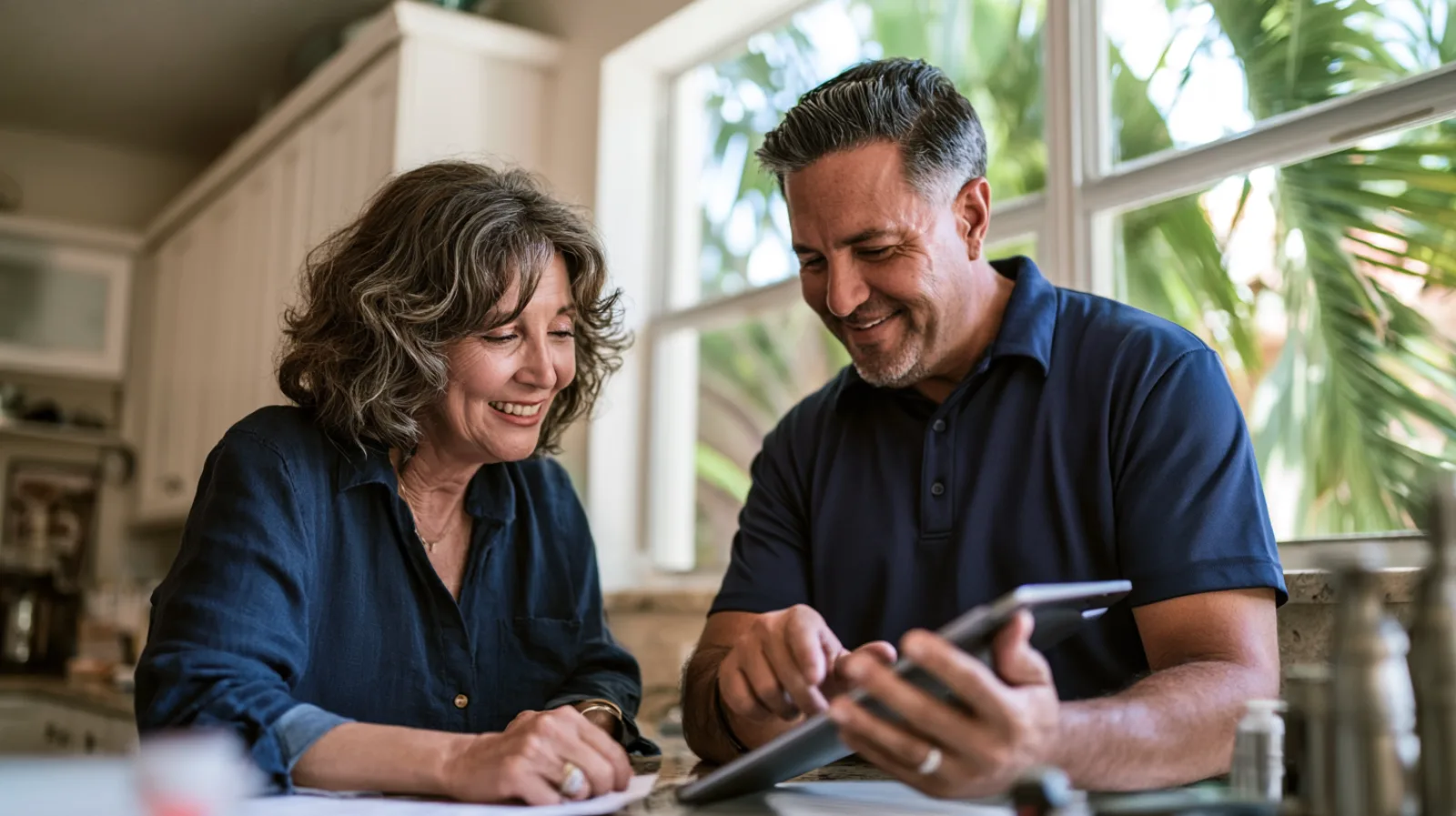 A smiling technician in a navy polo shows a homeowner a service record on a tablet at a bright kitchen counter, with palm fronds outside the window.