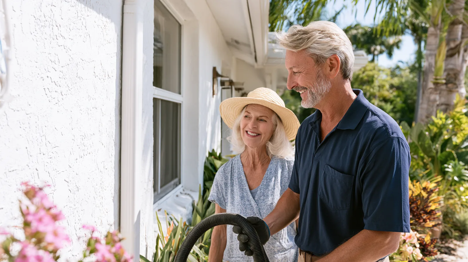 A smiling technician in a navy polo holds a black vacuum hose beside a white stucco Florida home while a smiling woman in a sun hat watches.