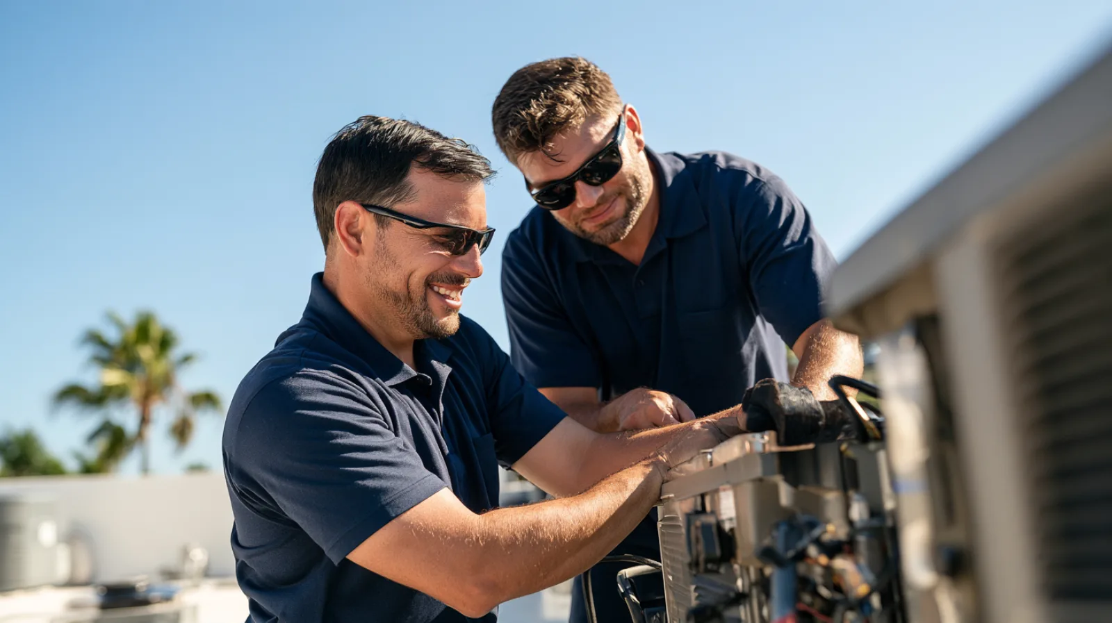 Two smiling technicians in navy polos work together on an air conditioner condenser on the flat roof of a condo building under a blue sky.