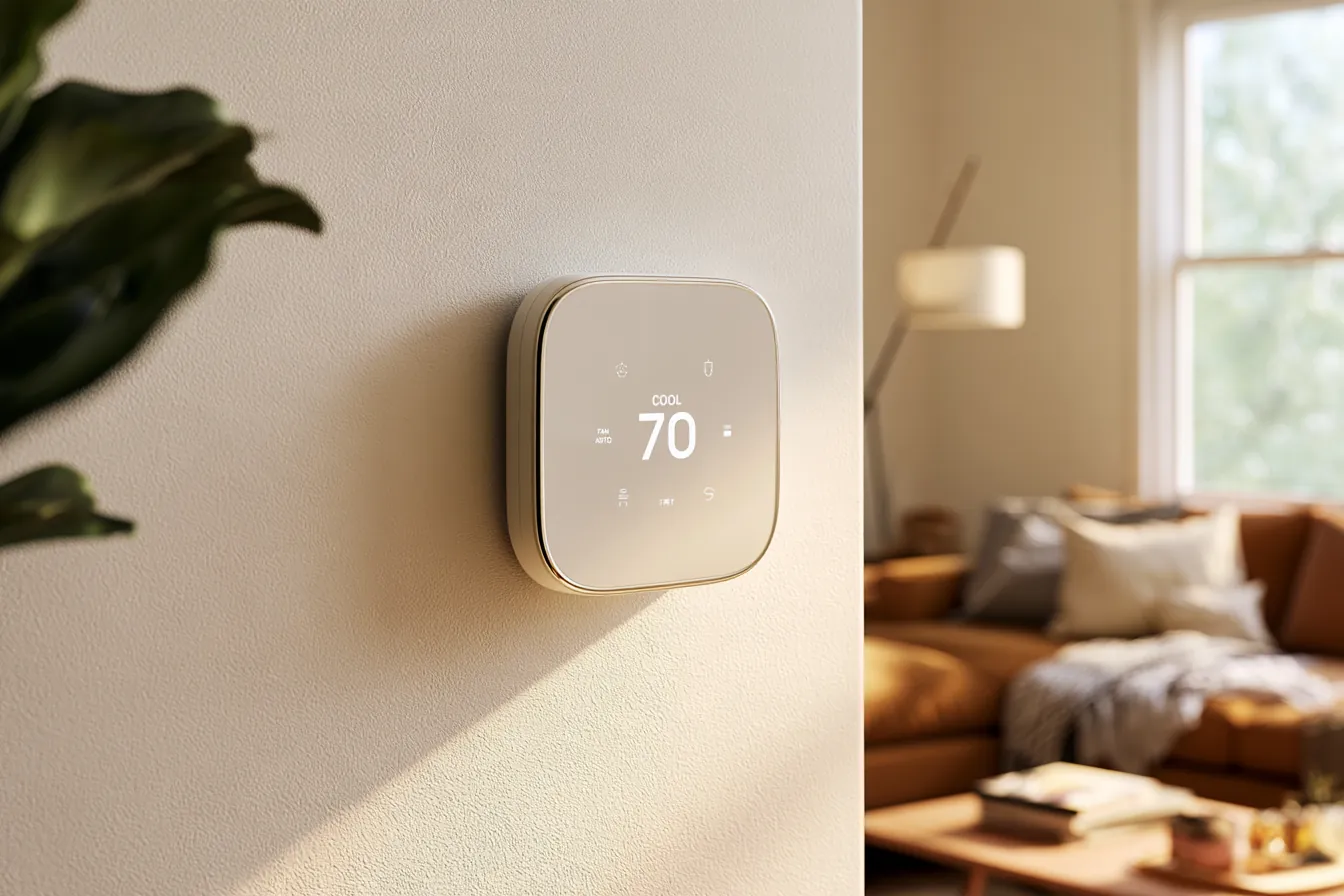 AC thermostat mounted on a living room wall with a lit digital display, the first thing to check when an air conditioner runs but will not cool: the mode should be Cool and the fan set to Auto.